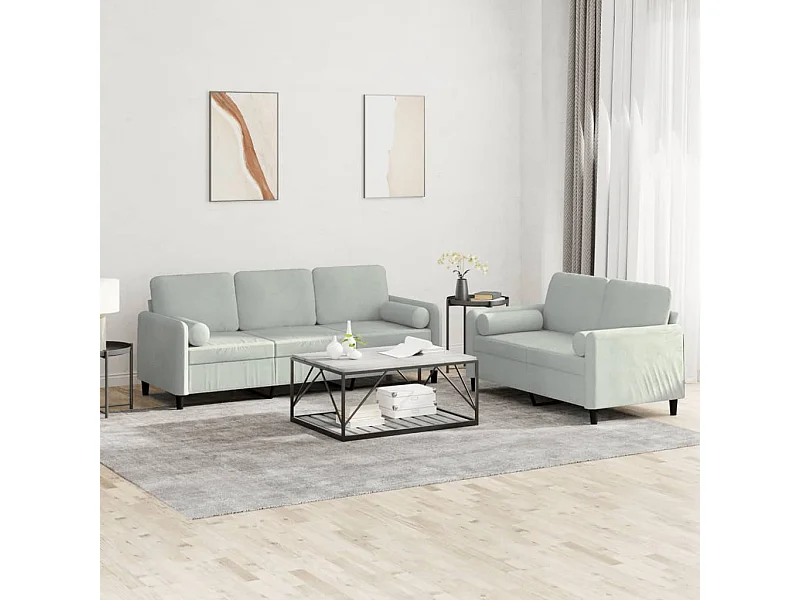 Ensemble de canapés 2 pièces avec coussins gris clair velours