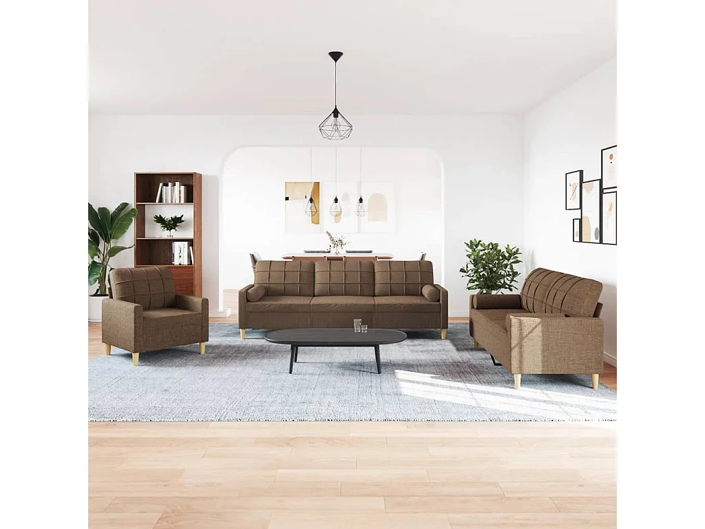 Ensemble de canapés 3 pièces avec coussins décoratifs marron tissu