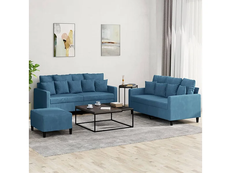 3 peças conjunto de sofás com almofadões veludo azul