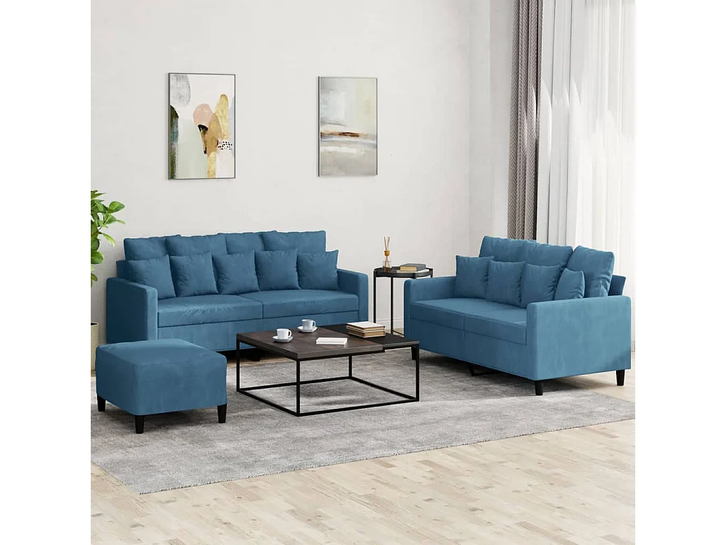 Ensemble de canapés 3 pièces avec coussins Bleu Velours