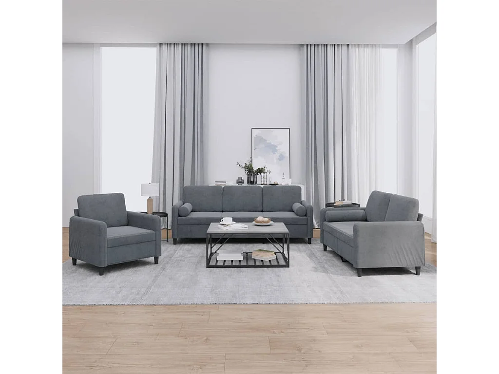 Ensemble de canapés 3 pièces avec coussins gris foncé velours