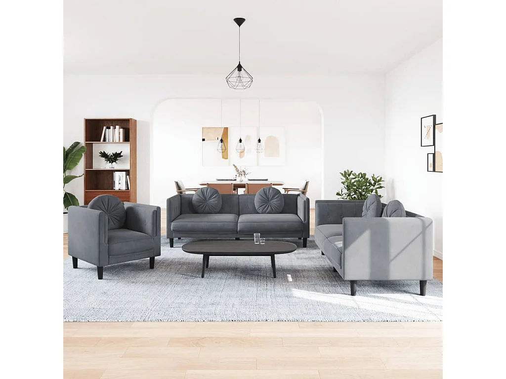 3 peças conjunto de sofás com almofadas veludo cinzento-escuro