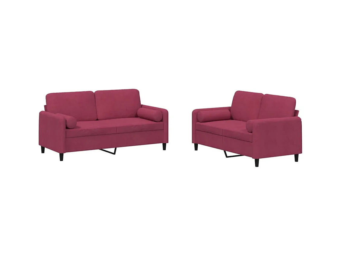 Ensemble de canapés 2 pièces avec coussins rouge bordeaux velours