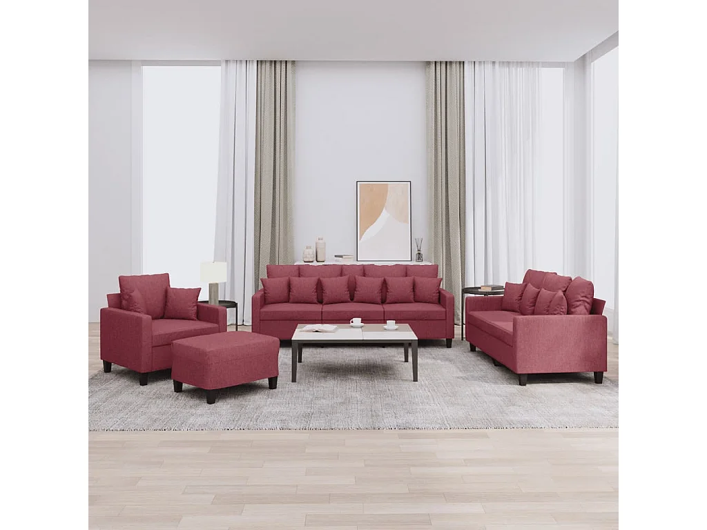 Ensemble de canapés 4 pièces avec coussins rouge bordeaux tissu