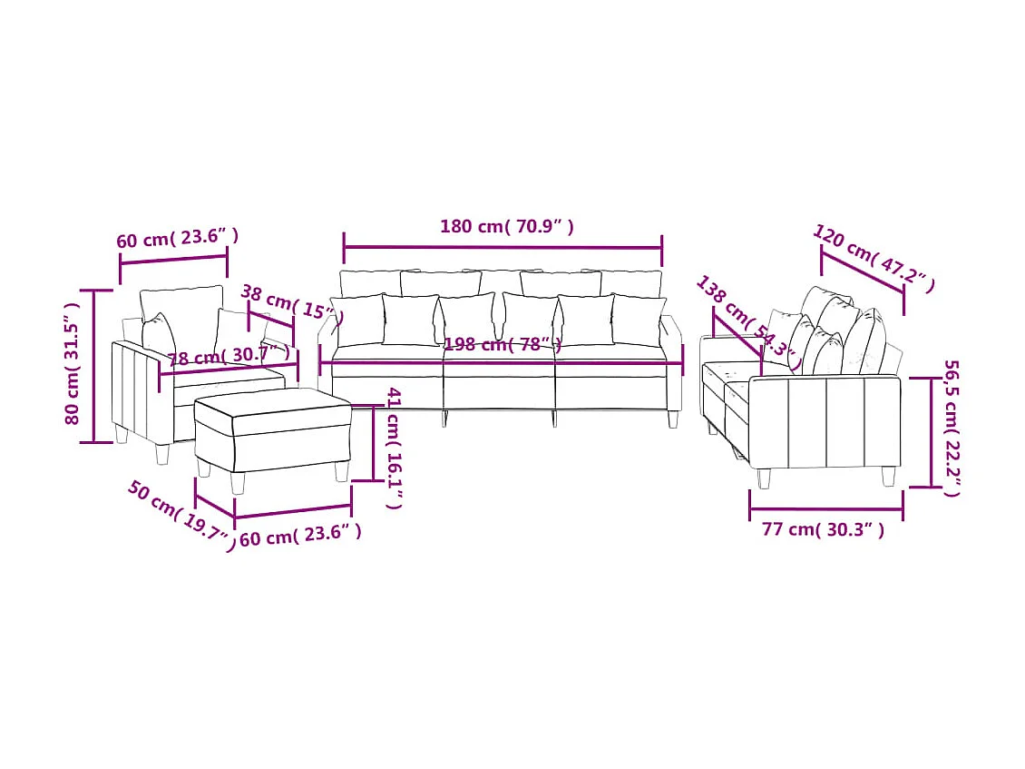 Ensemble de canapés 4 pièces avec coussins rouge bordeaux tissu