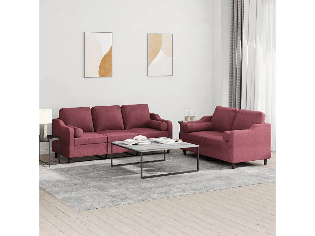Ensemble de canapés 2 pièces avec coussins rouge bordeaux tissu