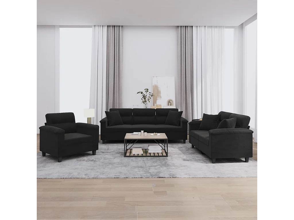 3-delige Loungeset met kussens microvezelstof zwart