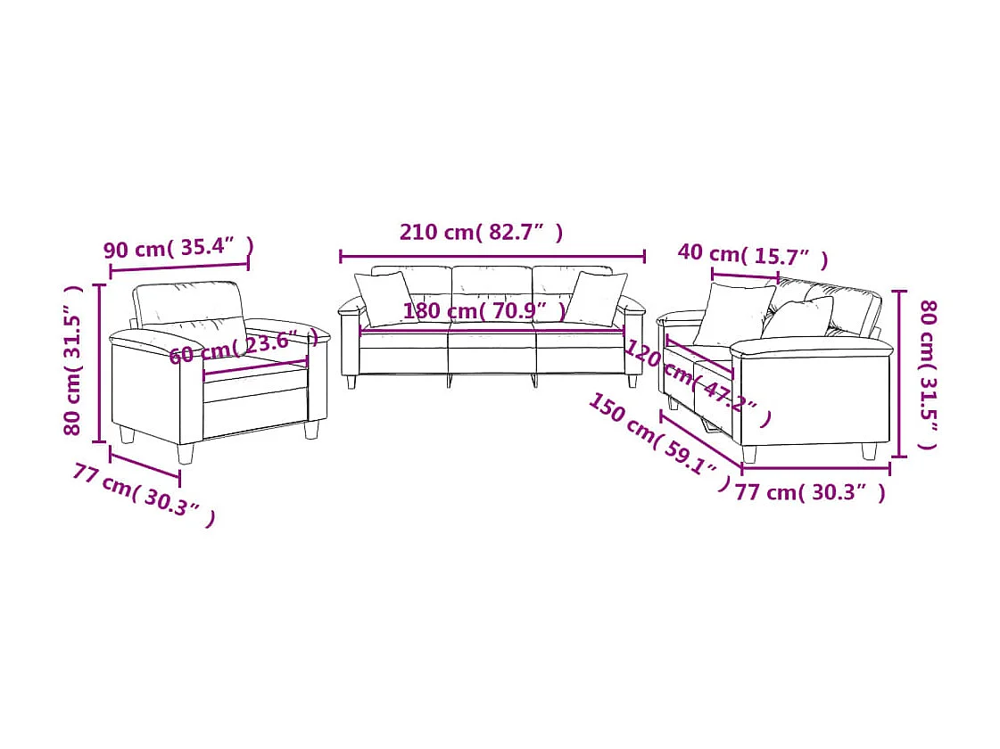 3-delige Loungeset met kussens microvezelstof zwart