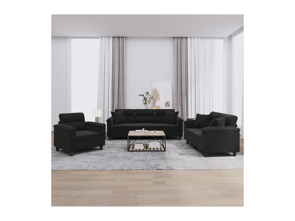 Ensemble de canapés 3 pièces avec coussins Noir Tissu microfibre