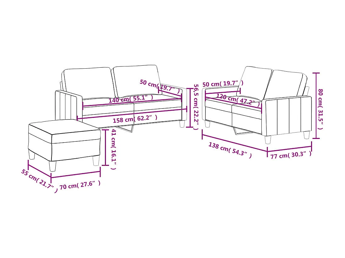 3 peças conjunto sofás com almofadões couro artif. vermelho tinto