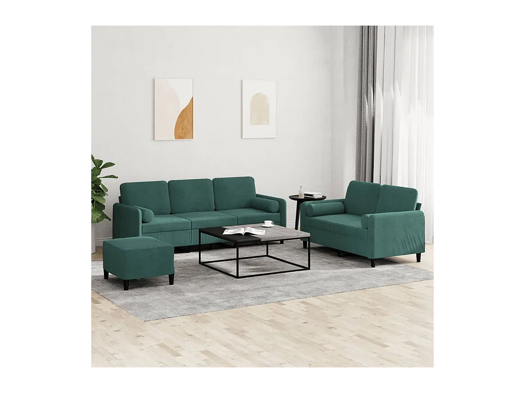 Ensemble de canapés 3 pièces avec coussins vert foncé velours