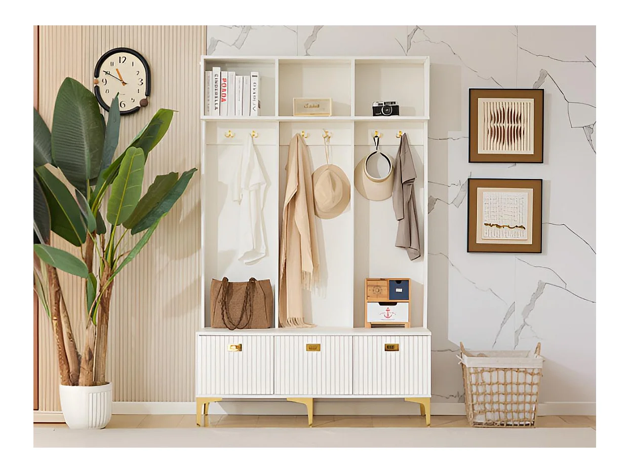 Vestiaire d'entrée moderne - avec porte-manteau et rangements à chaussures - Blanc