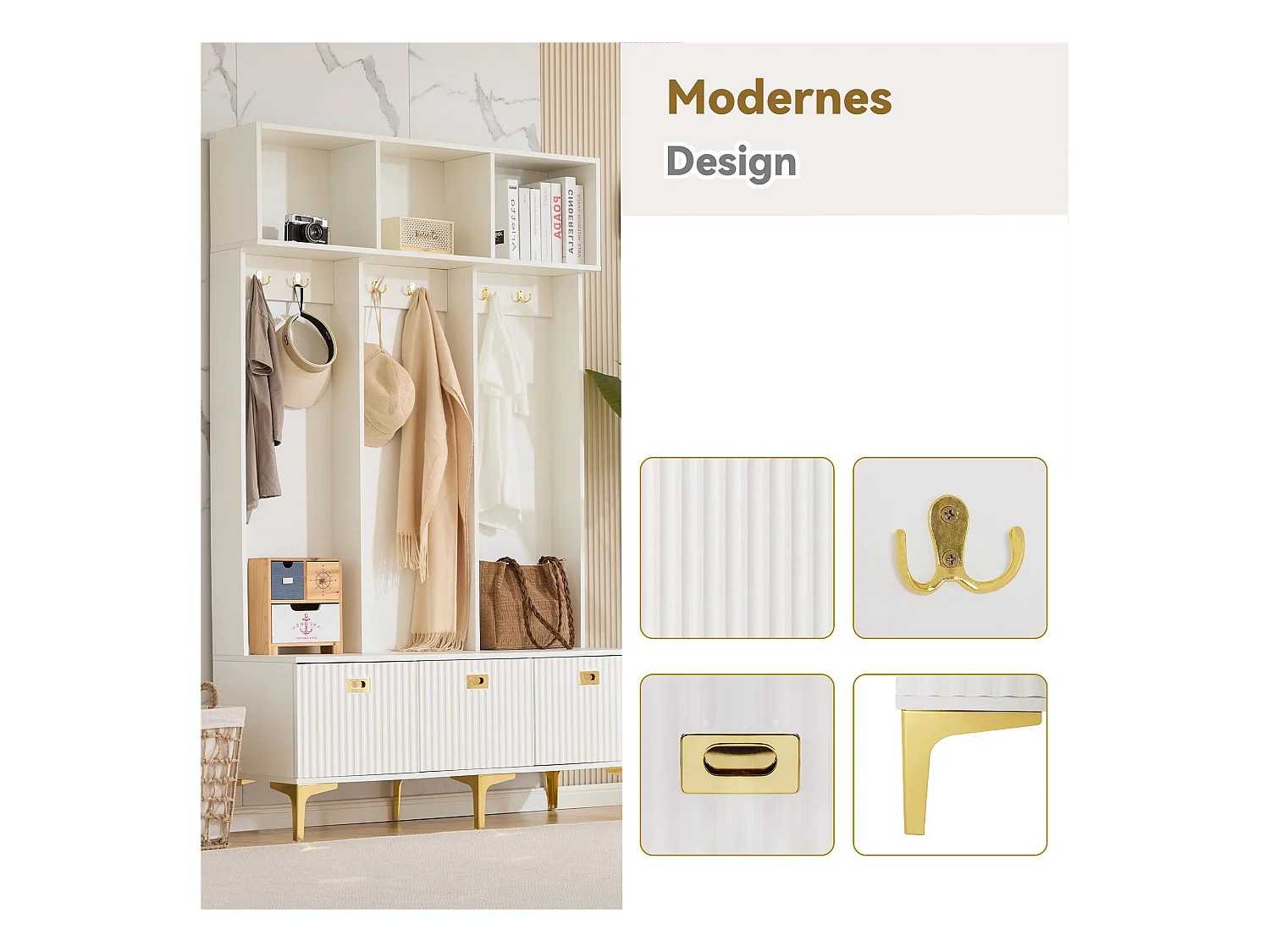 Vestiaire d'entrée moderne - avec porte-manteau et rangements à chaussures - Blanc