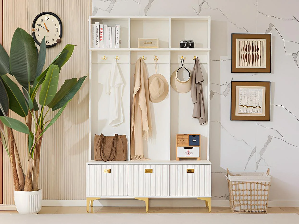 Vestiaire d'entrée moderne - avec porte-manteau et rangements à chaussures - Blanc