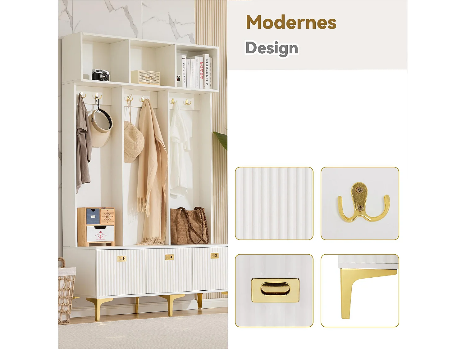 Vestiaire d'entrée moderne - avec porte-manteau et rangements à chaussures - Blanc