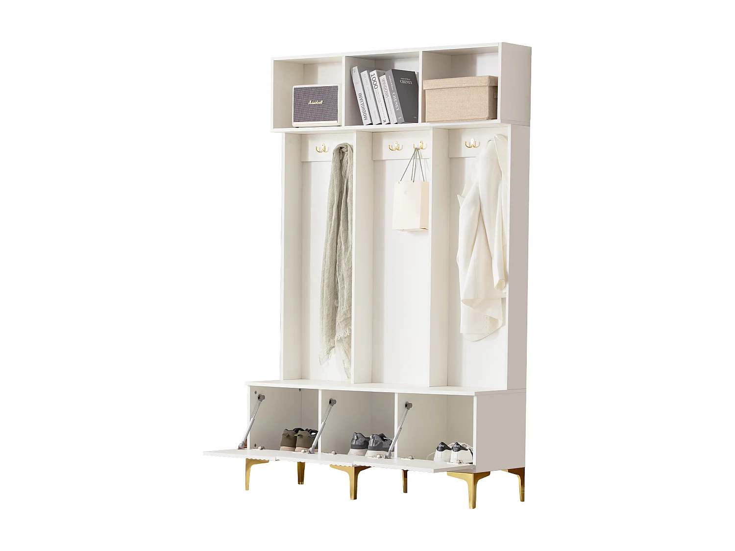 Vestiaire d'entrée moderne - avec porte-manteau et rangements à chaussures - Blanc