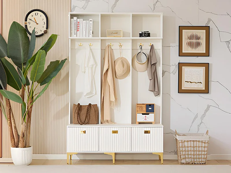 Vestiaire d'entrée moderne - avec porte-manteau et rangements à chaussures - Blanc