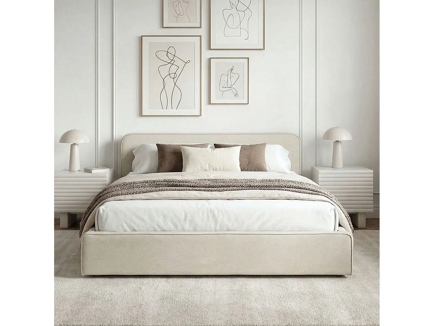 Lit double BELARTI 140x190 cm rembourré, Revêtement en tissu, Lit style moderne pour 2 personnes, sommier inclus, Blanc crème