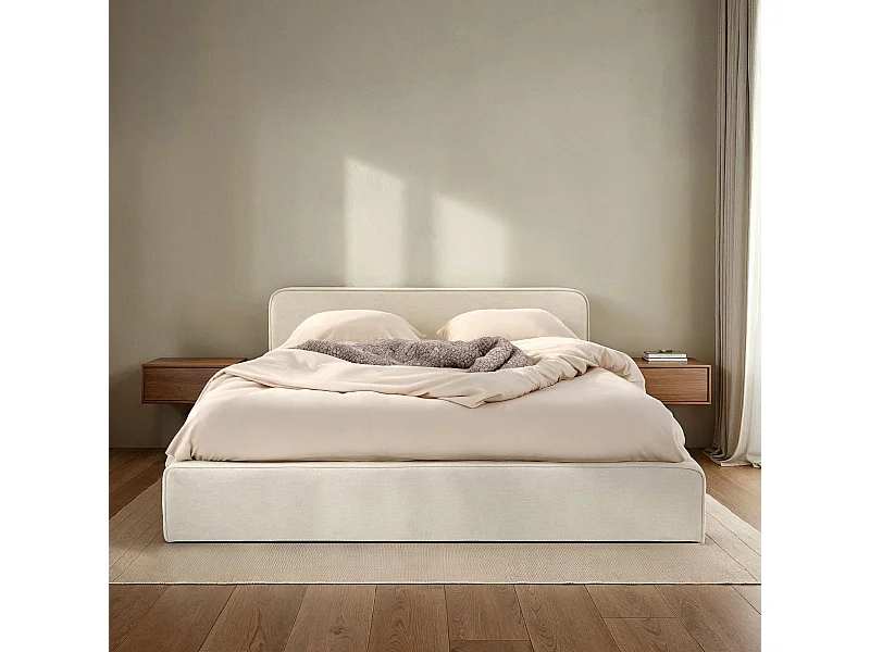 Lit double BELARTI 140x190 cm, Revêtement en tissu, Lit style moderne pour 2 personnes, Cadre avec sommier inclus, Blanc crème