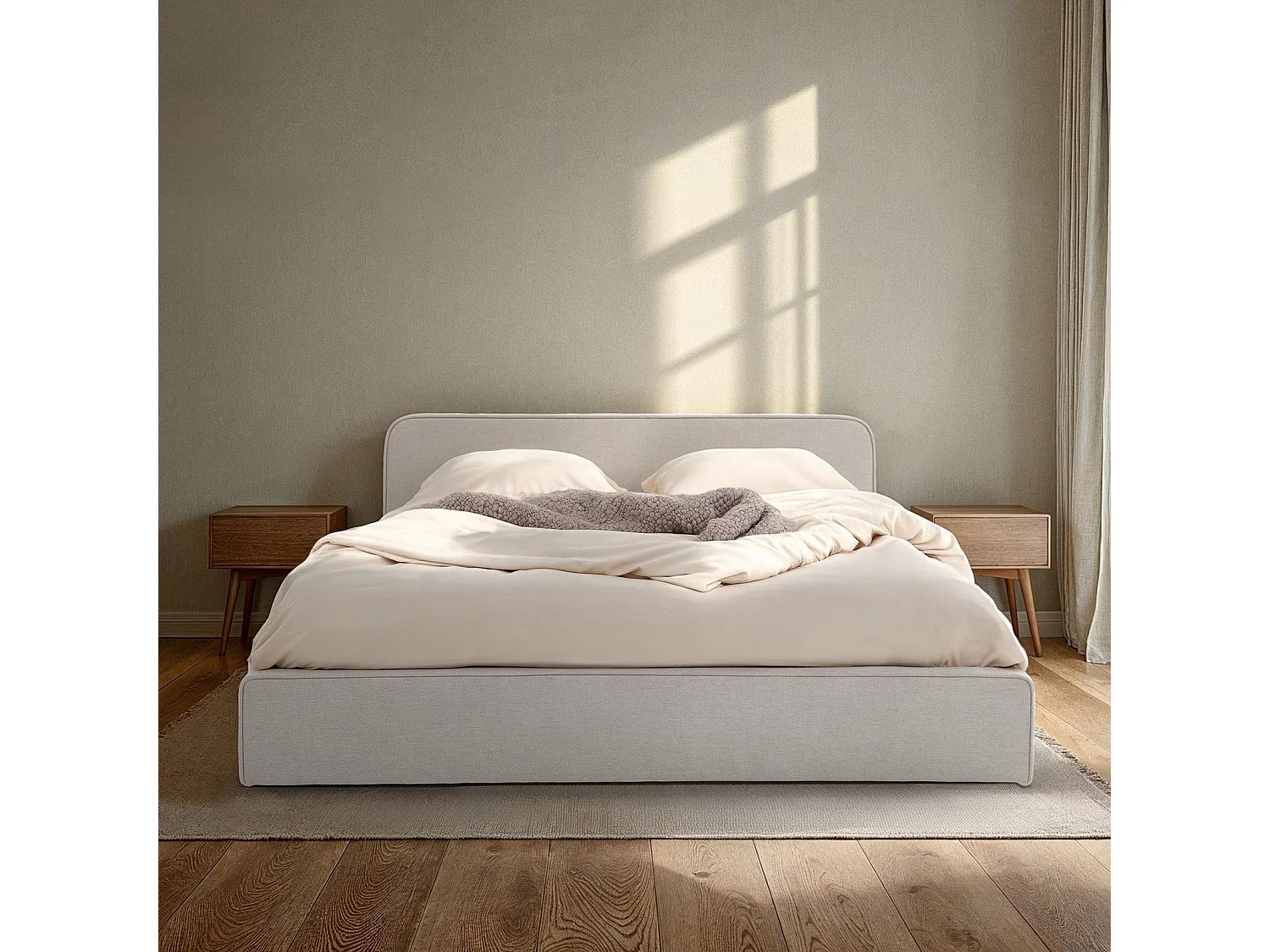 Lit double BELARTI 140x190 cm rembourré, Revêtement en tissu, Lit style moderne pour 2 personnes, sommier inclus, Gris clair