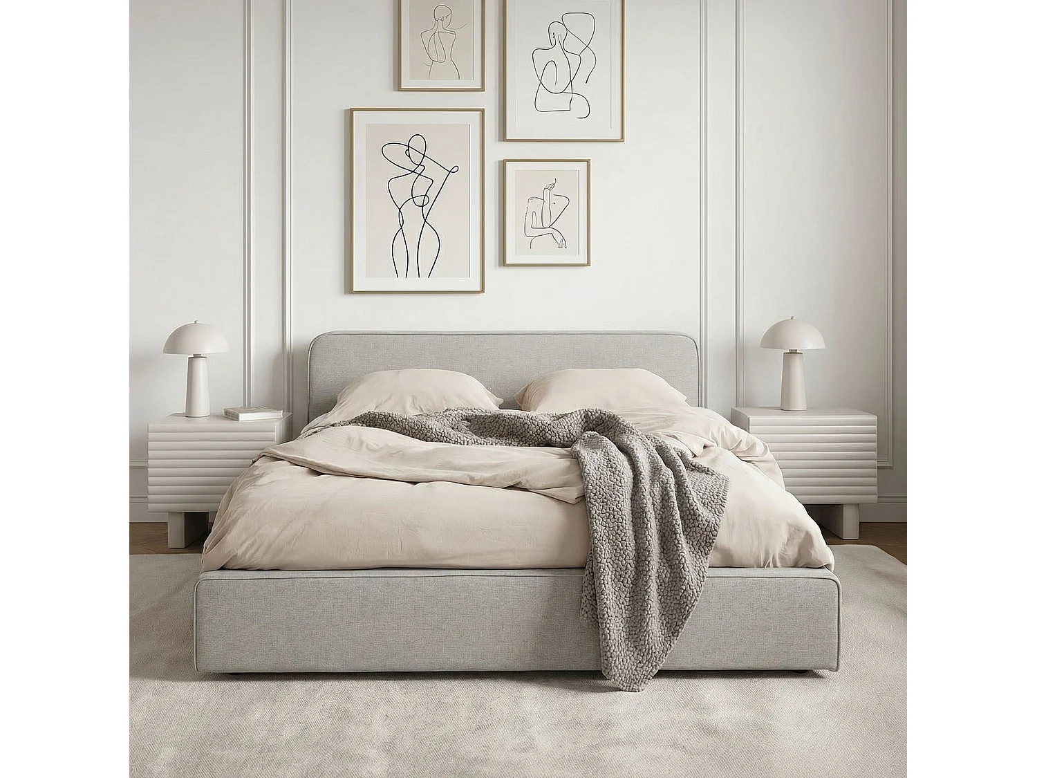 Lit double BELARTI 140x190 cm rembourré, Revêtement en tissu, Lit style moderne pour 2 personnes, sommier inclus, Gris clair