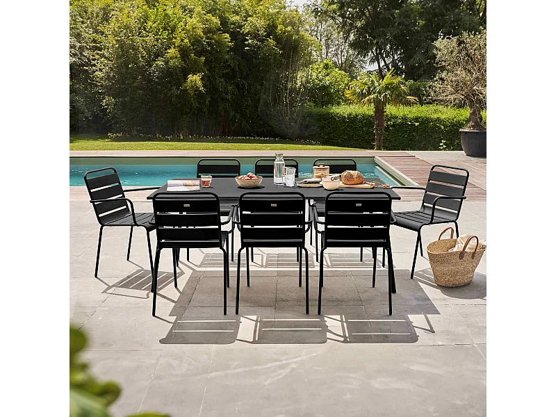Ensemble table de Jardin et 8 fauteuils en métal noir - Palavas