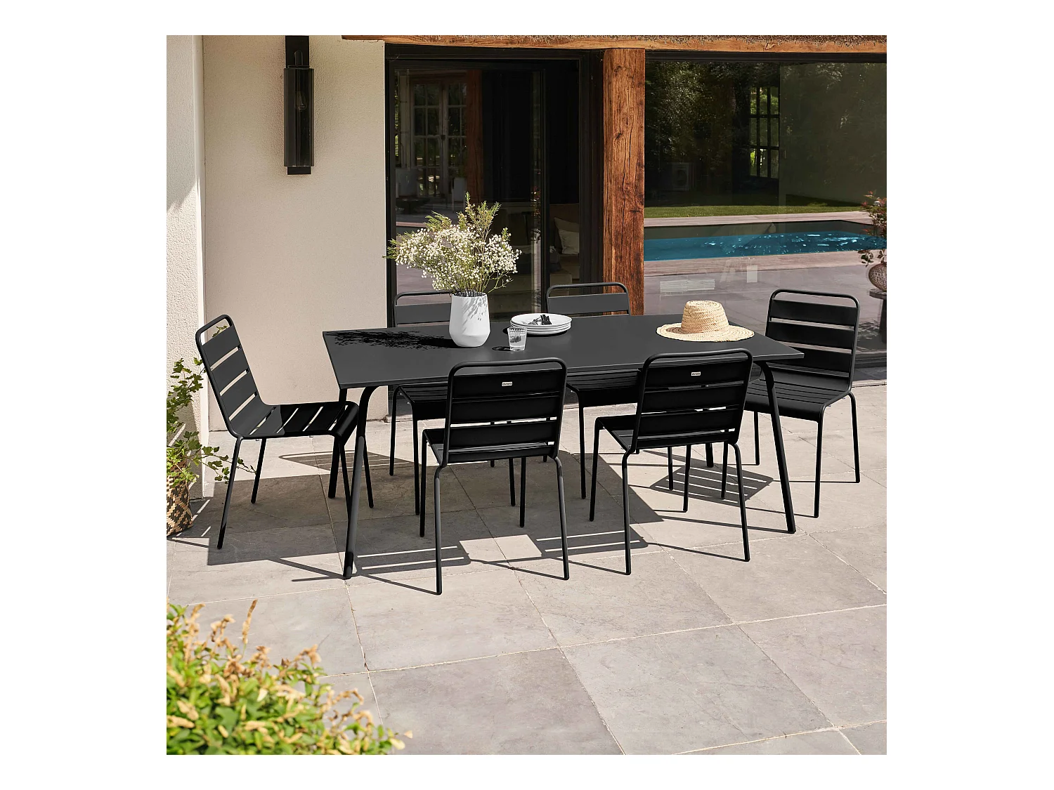 Ensemble table de jardin et 6 chaises en métal noir - Palavas