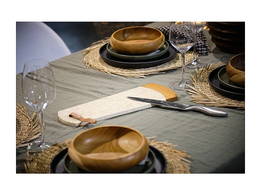 Planche à découper 38 cm en marbre beige et bois de teck – KAEL