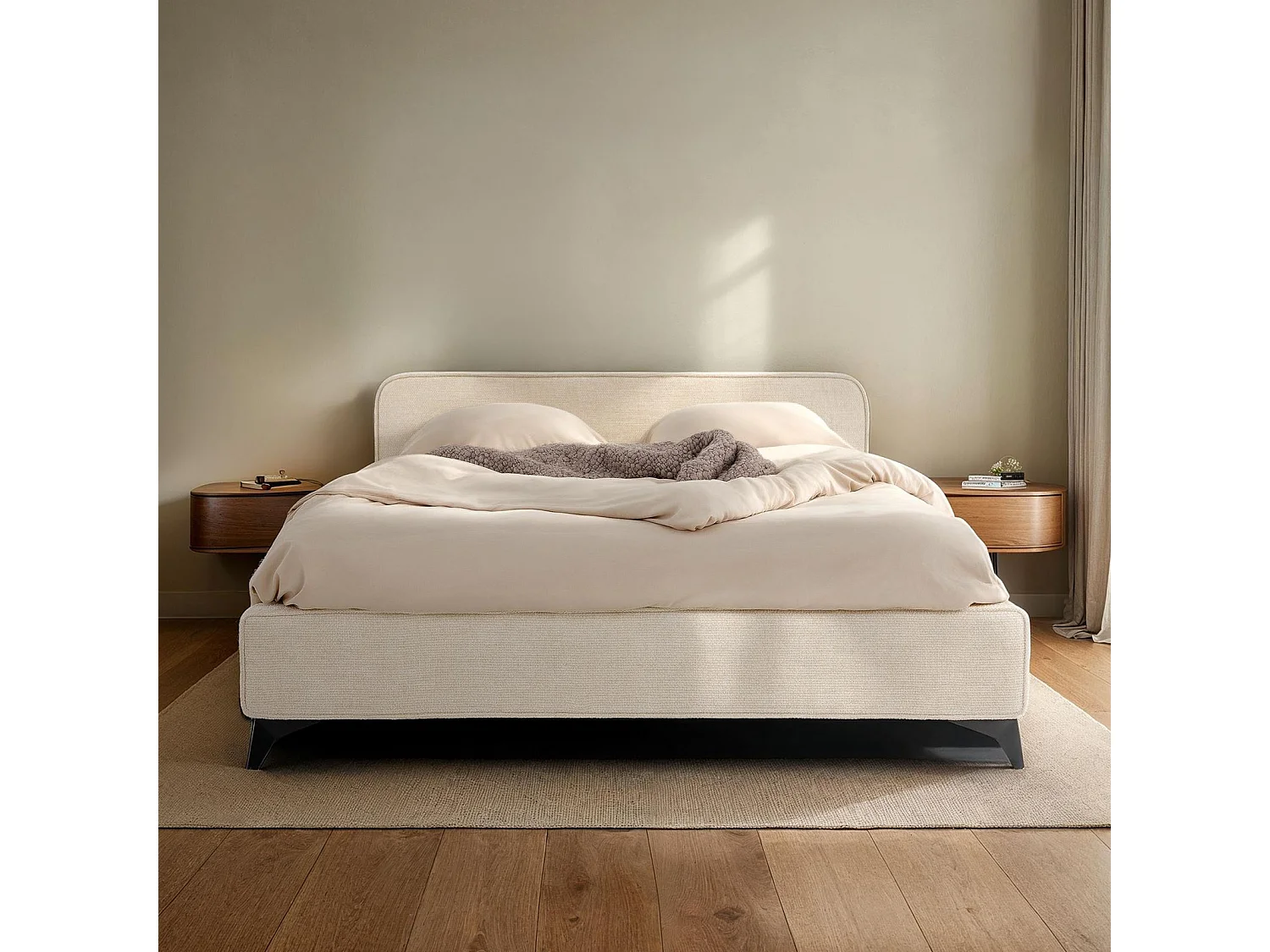 Lit double LEVERDA 140x190 cm, Revêtement en tissu, Lit style moderne pour 2 personnes, Cadre de lit avec sommier inclus, Blanc