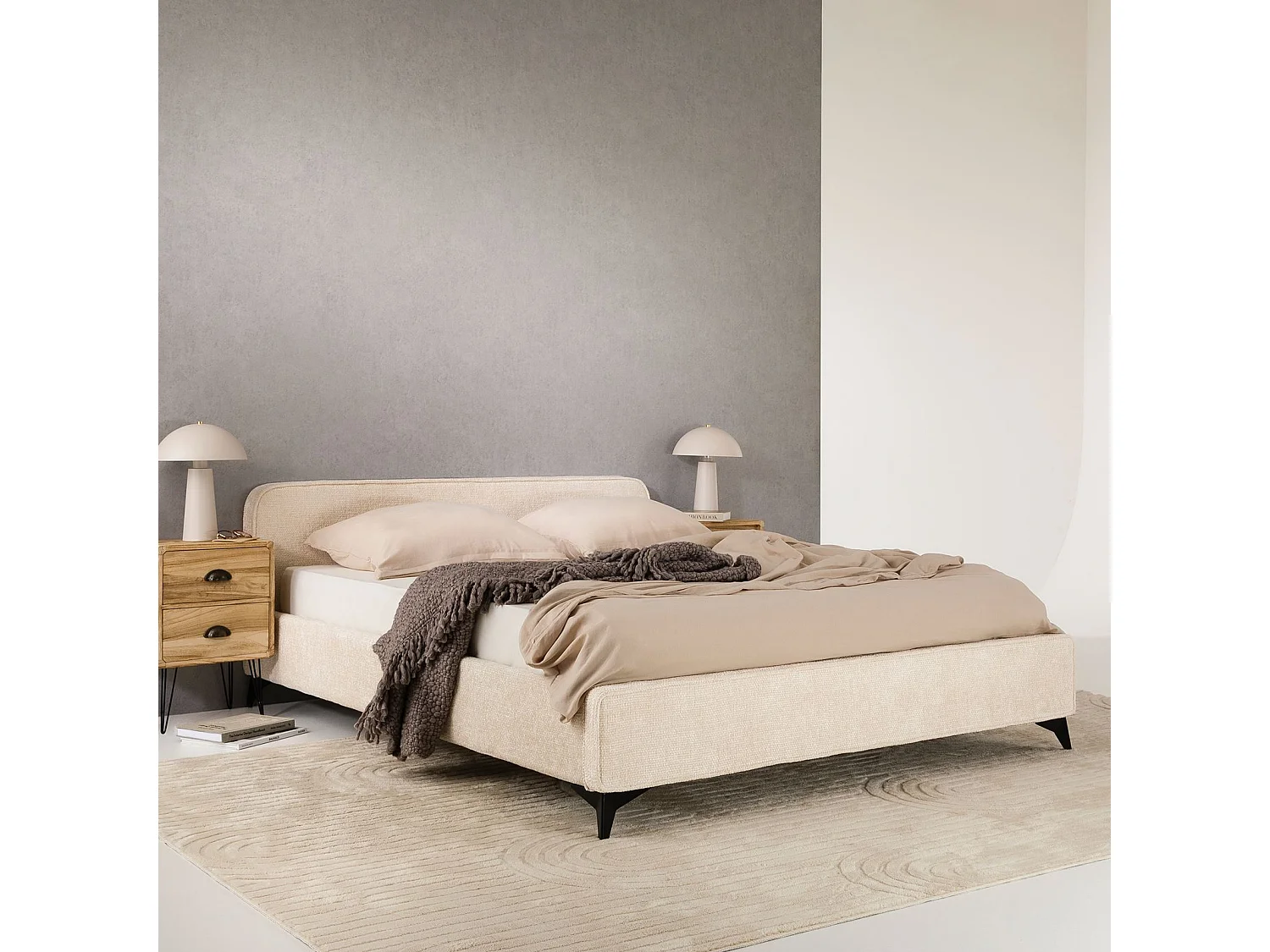 Lit double LEVERDA 140x190 cm, Revêtement en tissu, Lit style moderne pour 2 personnes, Cadre de lit avec sommier inclus, Blanc