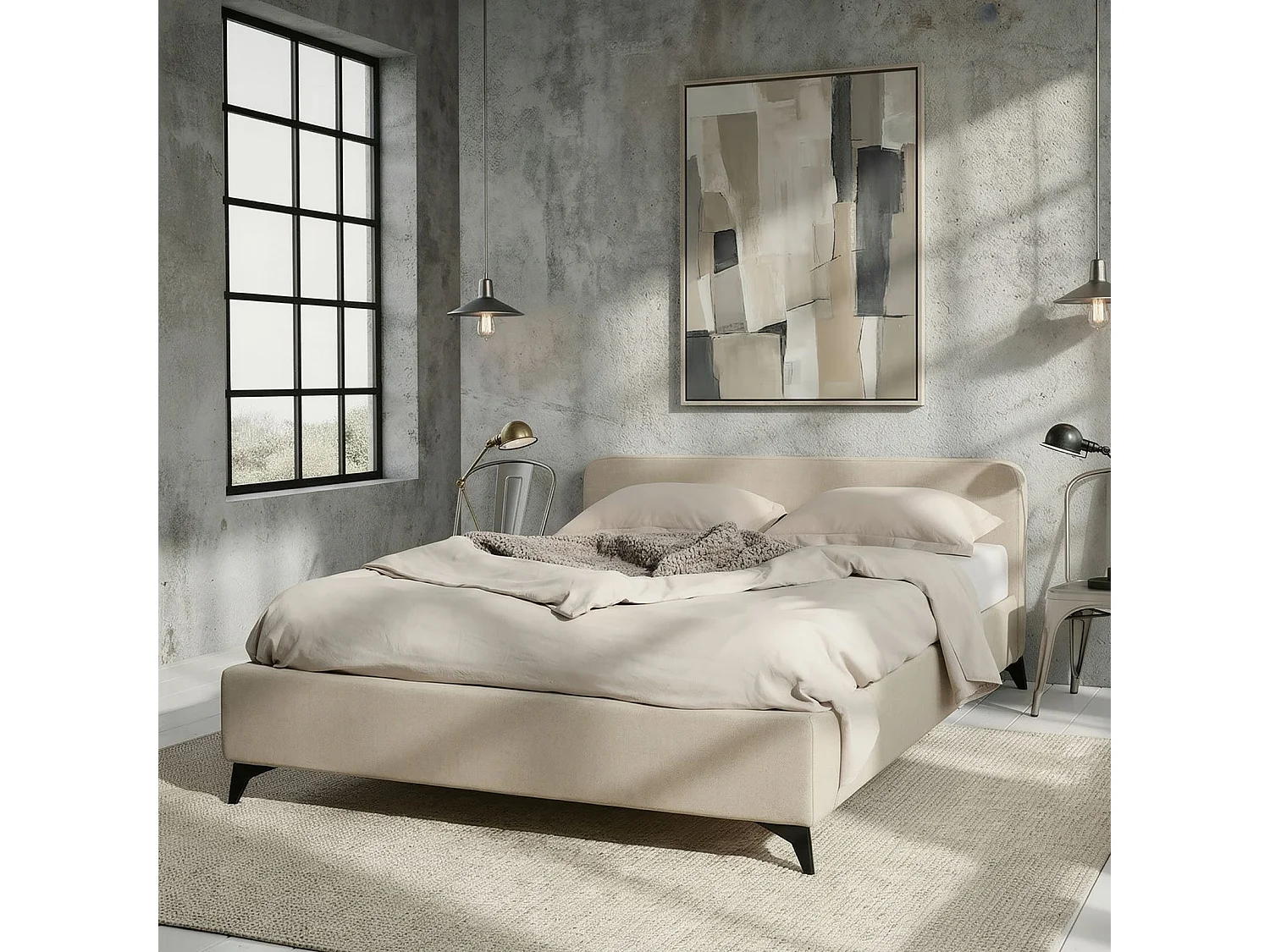 Lit double LEVERDA 140x190 cm, Revêtement en tissu, Lit style moderne pour 2 personnes, Cadre de lit avec sommier inclus, Blanc