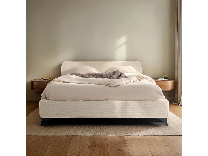 Lit double LEVERDA 140x190 cm, Revêtement en tissu, Lit style moderne pour 2 personnes, Cadre de lit avec sommier inclus, Blanc