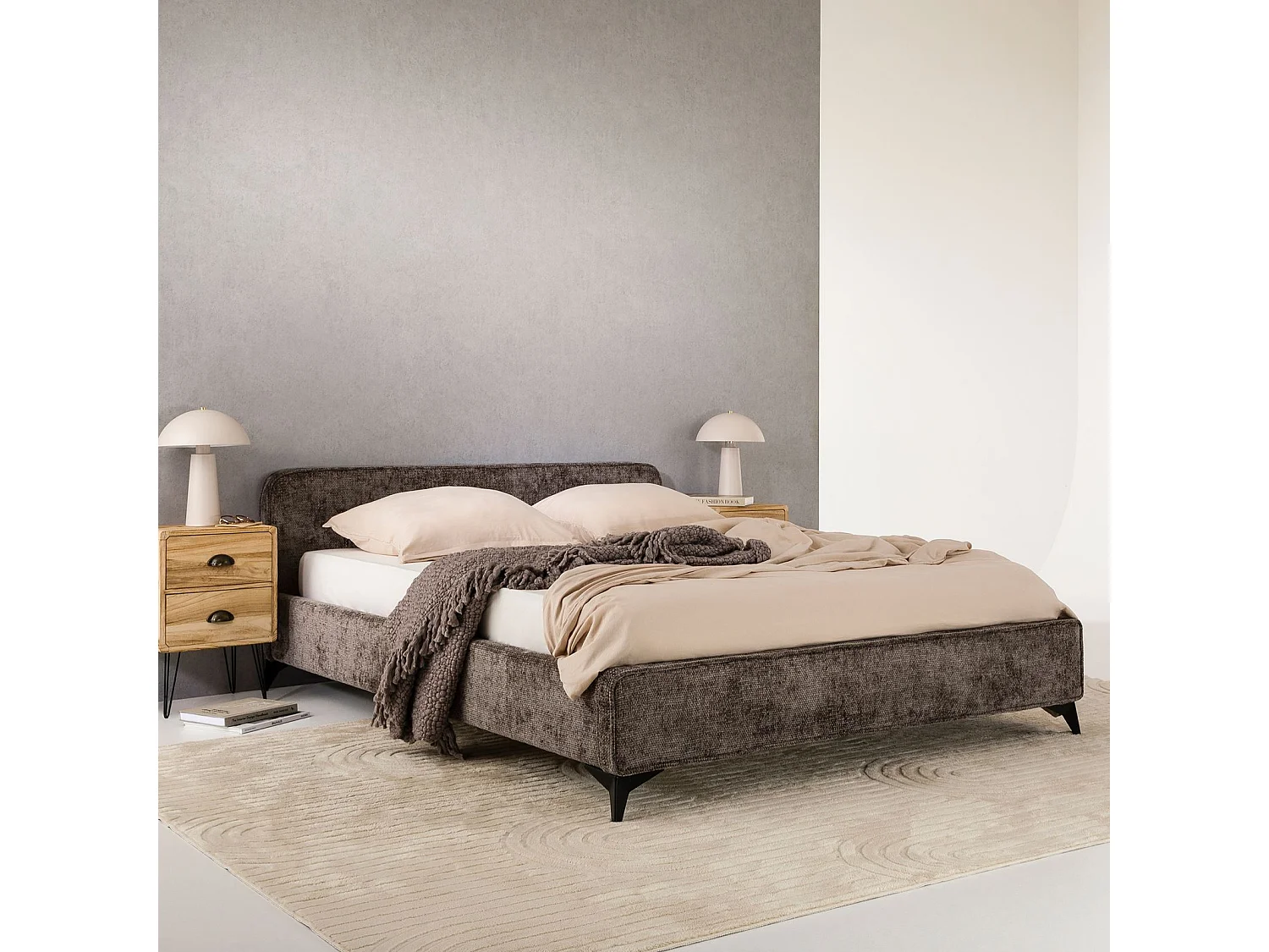 Lit double LEVERDA 140x190 cm, Revêtement en tissu, Lit style moderne pour 2 personnes, Cadre de lit avec sommier inclus, Gris