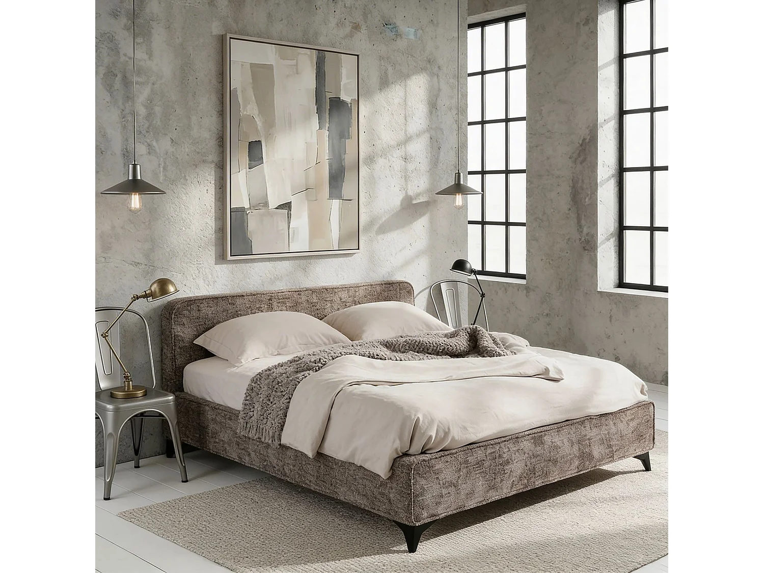 Lit double LEVERDA 140x190 cm, Revêtement en tissu, Lit style moderne pour 2 personnes, Cadre de lit avec sommier inclus, Gris