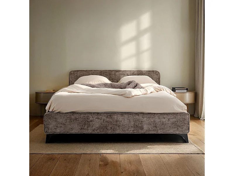 Lit double LEVERDA 140x190 cm, Revêtement en tissu, Lit style moderne pour 2 personnes, Cadre de lit avec sommier inclus, Gris