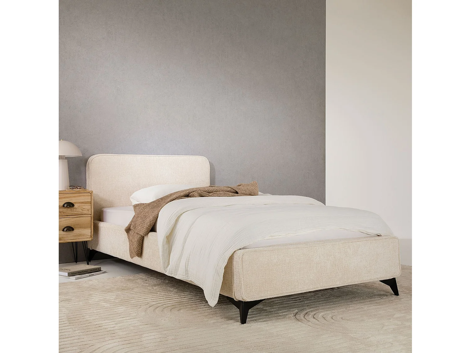 Lit simple LEVERDA 90x190 cm, Revêtement en tissu, Lit style moderne pour 1 personne, Cadre de lit avec sommier inclus, Blanc