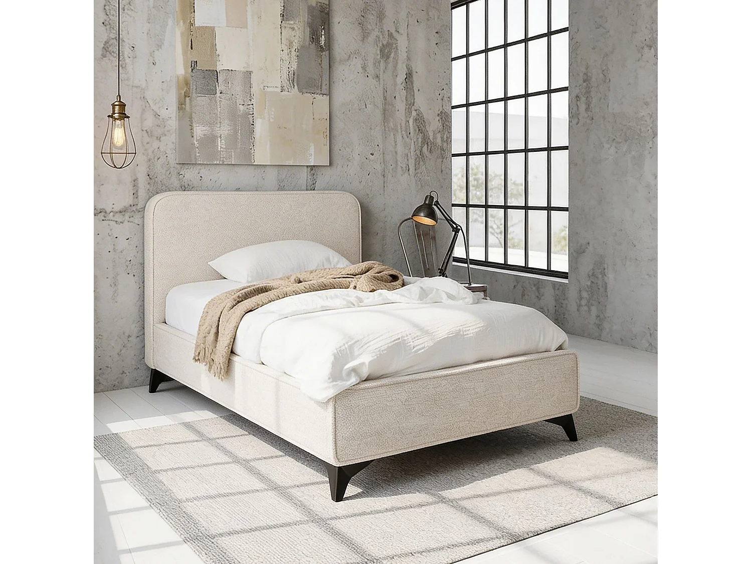 Lit simple LEVERDA 90x190 cm, Revêtement en tissu, Lit style moderne pour 1 personne, Cadre de lit avec sommier inclus, Blanc