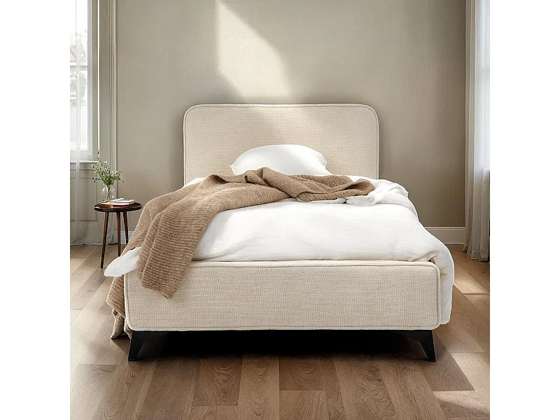 Lit simple LEVERDA 90x190 cm, Revêtement en tissu, Lit style moderne pour 1 personne, Cadre de lit avec sommier inclus, Blanc