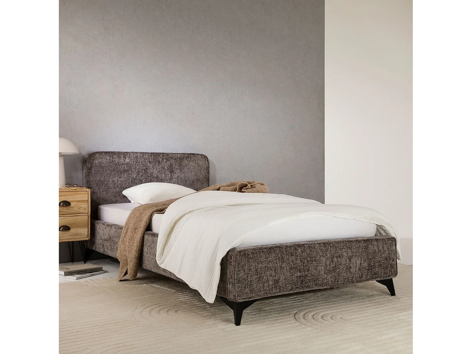 Lit simple LEVERDA 90x190 cm, Revêtement en tissu, Lit style moderne pour 1 personne, Cadre de lit avec sommier inclus, Gris