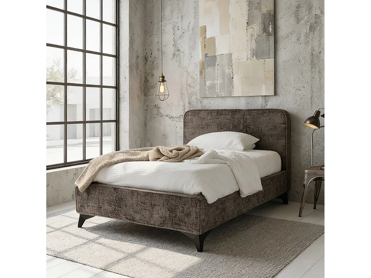 Lit simple LEVERDA 90x190 cm, Revêtement en tissu, Lit style moderne pour 1 personne, Cadre de lit avec sommier inclus, Gris