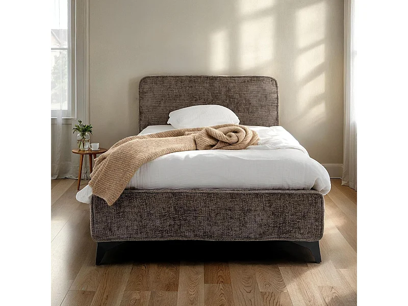 Lit simple LEVERDA 90x190 cm, Revêtement en tissu, Lit style moderne pour 1 personne, Cadre de lit avec sommier inclus, Gris