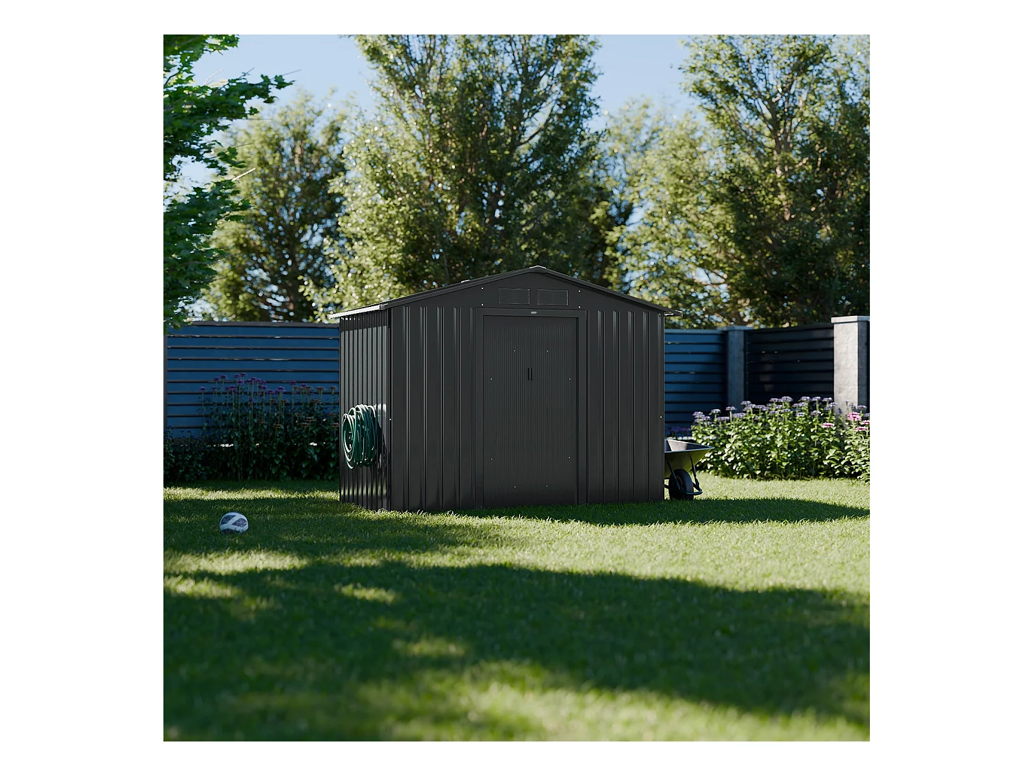 Abri de jardin en métal - Houtland. 2.71 m² anthracite - Cabane à outils avec double portes coulissantes. kit de fixation sol inclus. L 213 x P 131 x H 185cm