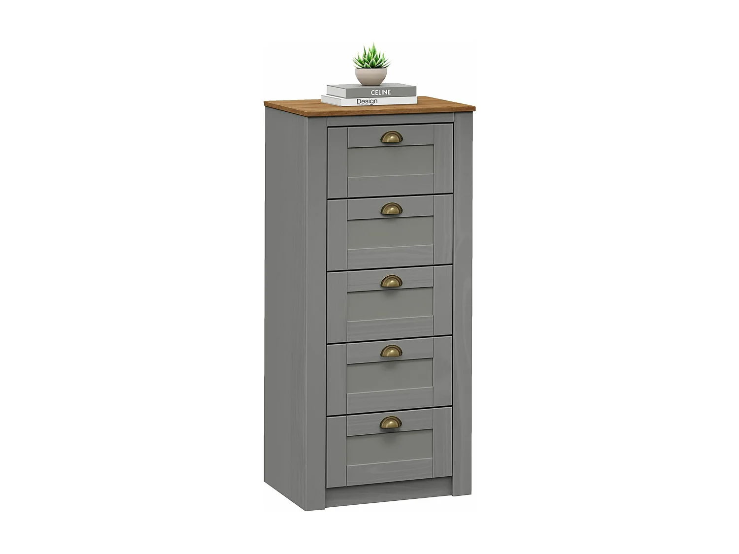 Chiffonnier BOLTON commode meuble de rangement avec 5 tiroirs, style classique, en pin massif lasuré gris et brun