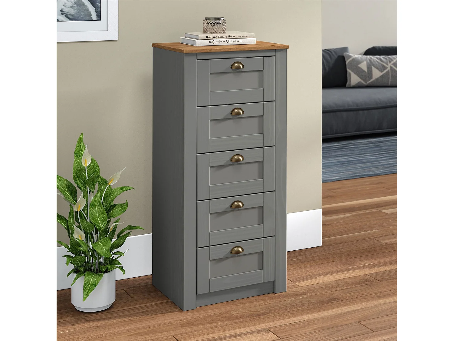 Chiffonnier BOLTON commode meuble de rangement avec 5 tiroirs, style classique, en pin massif lasuré gris et brun