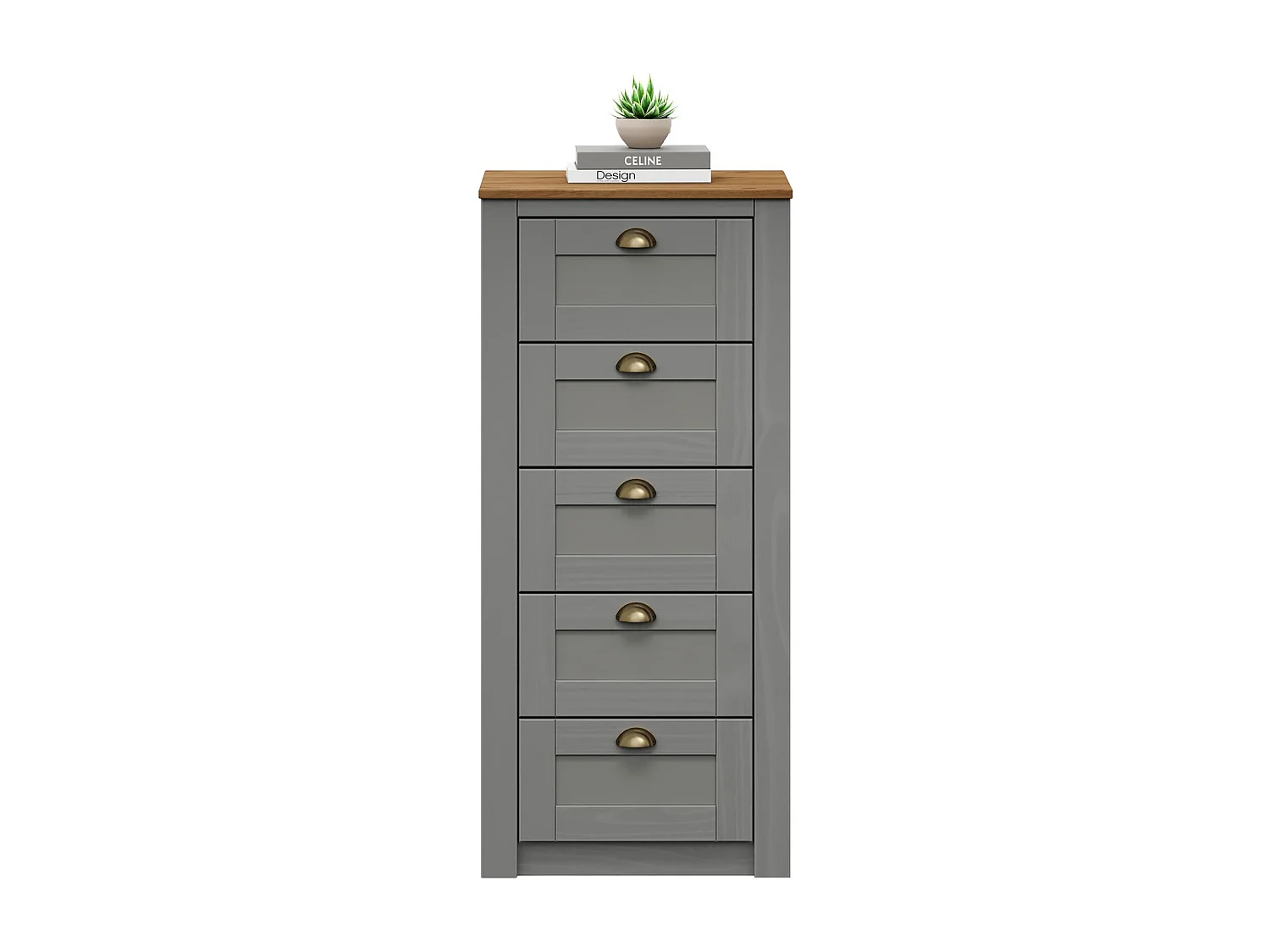 Chiffonnier BOLTON commode meuble de rangement avec 5 tiroirs, style classique, en pin massif lasuré gris et brun