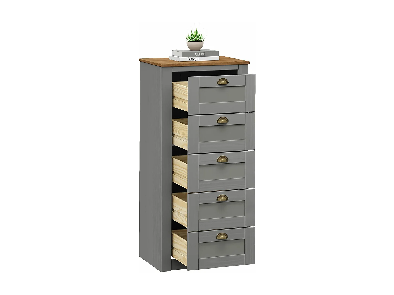 Chiffonnier BOLTON commode meuble de rangement avec 5 tiroirs, style classique, en pin massif lasuré gris et brun