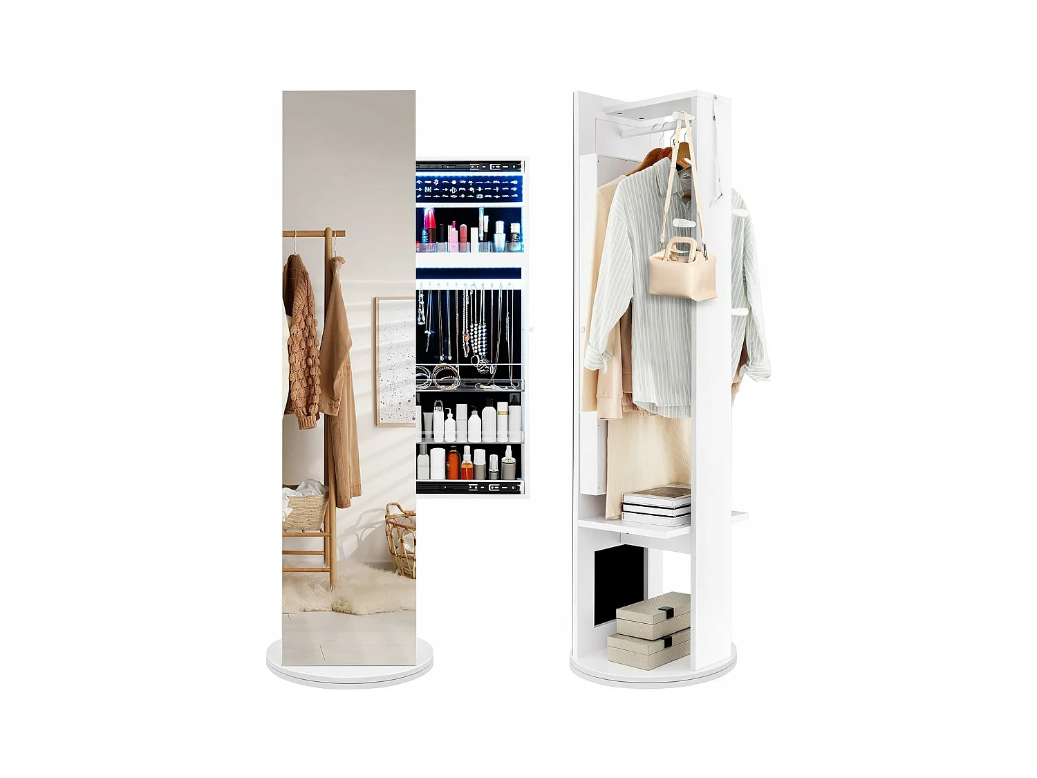 Armoire à Bijoux Pivotante à 360°, Miroir Autoportant Pleine Longueur avec Rangement pour Bijoux, Étagères, Porte-Manteau, Lumières LED 3 Couleurs, Organiseur de Bijoux Rotatif, Blanc