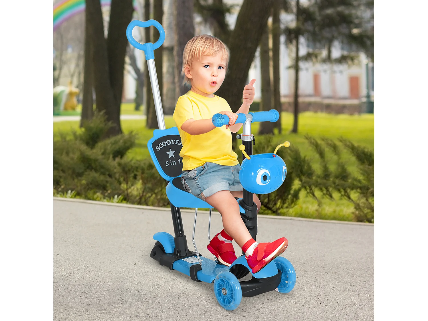 Trottinette pour enfants trottinette 3 roues évolutive 3 en 1 hauteur guidon réglable canne telescopique selle dossier amovible bleu