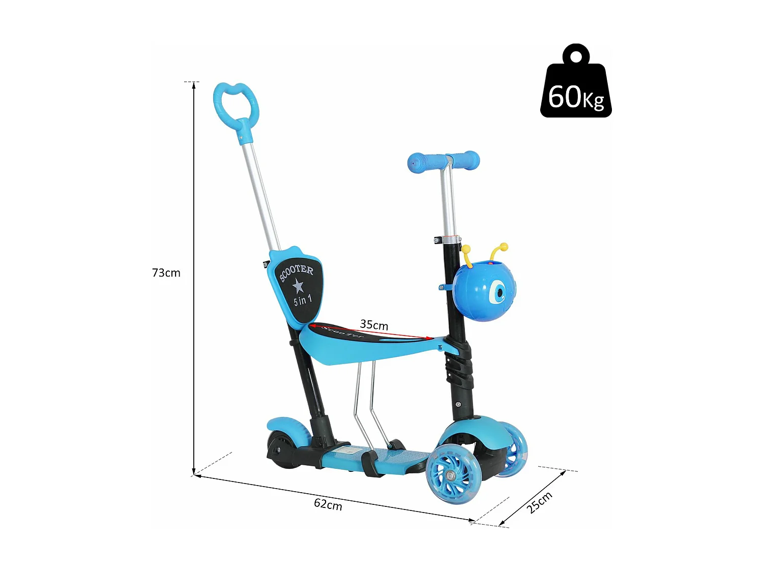 Trottinette pour enfants trottinette 3 roues évolutive 3 en 1 hauteur guidon réglable canne telescopique selle dossier amovible bleu