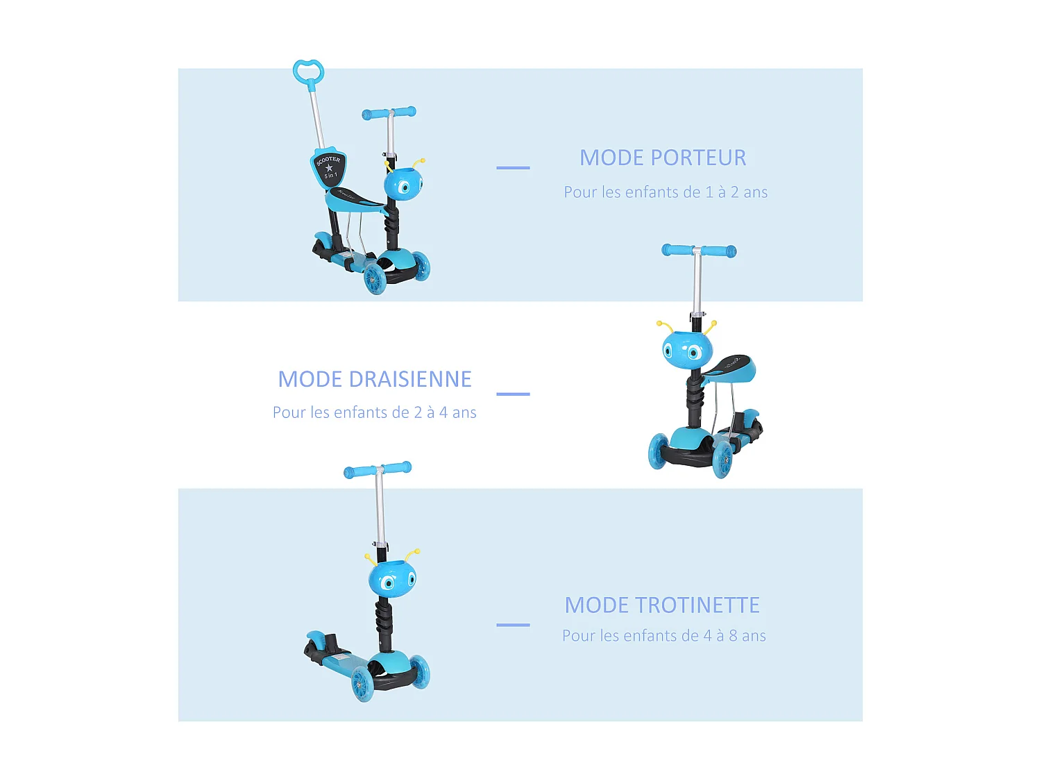 Trottinette pour enfants trottinette 3 roues évolutive 3 en 1 hauteur guidon réglable canne telescopique selle dossier amovible bleu
